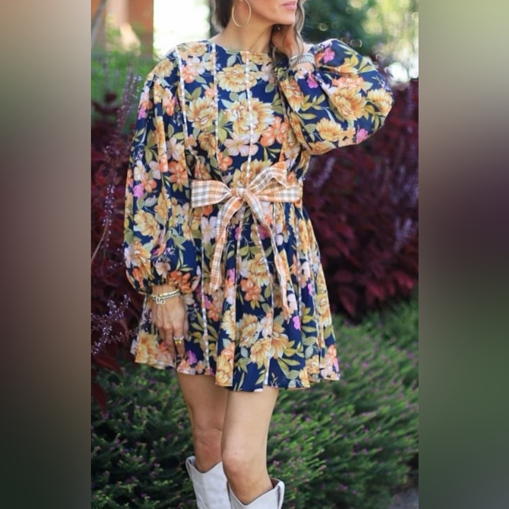 NEW Fate Floral Daydream Mini Dress Balloon Sleeves Contrasting Plaid Belt